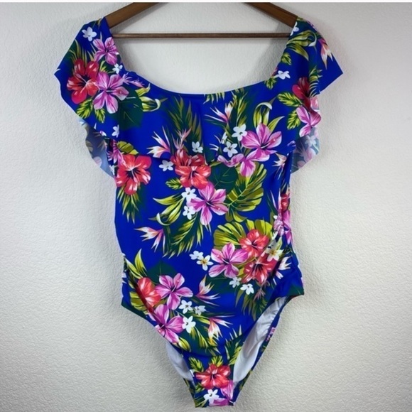 Kona Sol Blue Off the Shoulder High Coverage Hawaiian Print One Piece | Size 24W - Picture 4 of 4